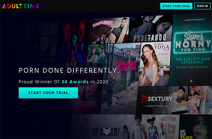 Screenshot von ADULTTIME.COM, die als 'Netflix für Pornos' beworben wird, mit einer großen Auswahl an Kanälen und exklusiven Serien