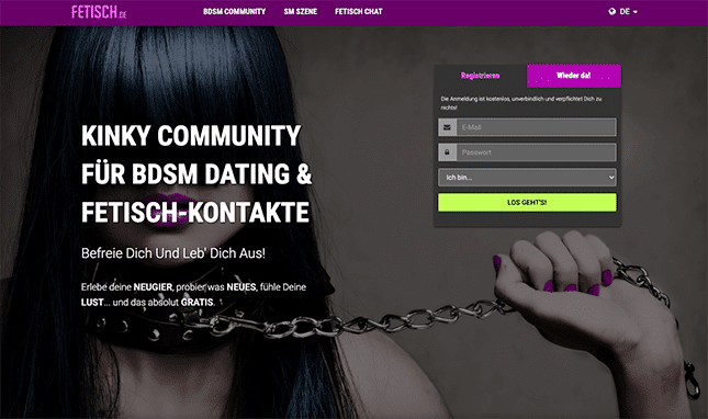 Screenshot der Startseite von Fetisch.de, zeigt die Benutzeroberfläche und Hauptfunktionen der Femdom-Dating-Plattform.