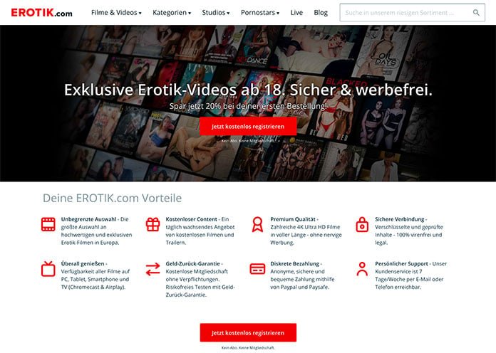 Bildschirmfoto von EROTIK.COM, präsentiert eine Vielfalt an Erotikfilmen in 4K-Qualität, mit besonderem Fokus auf exklusive Inhalte und Neukundenrabatte.