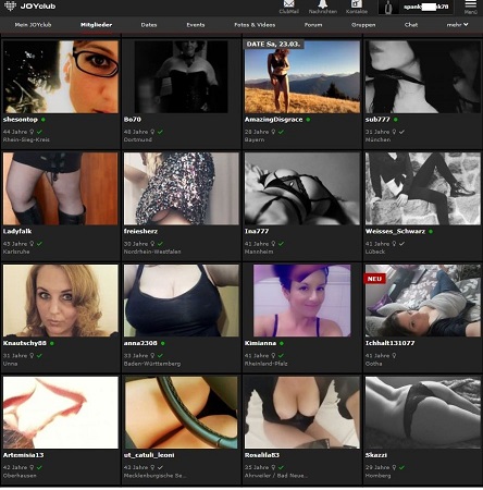 Bild der JoyClub Homepage mit diversen Usern für ein Sextreffen
