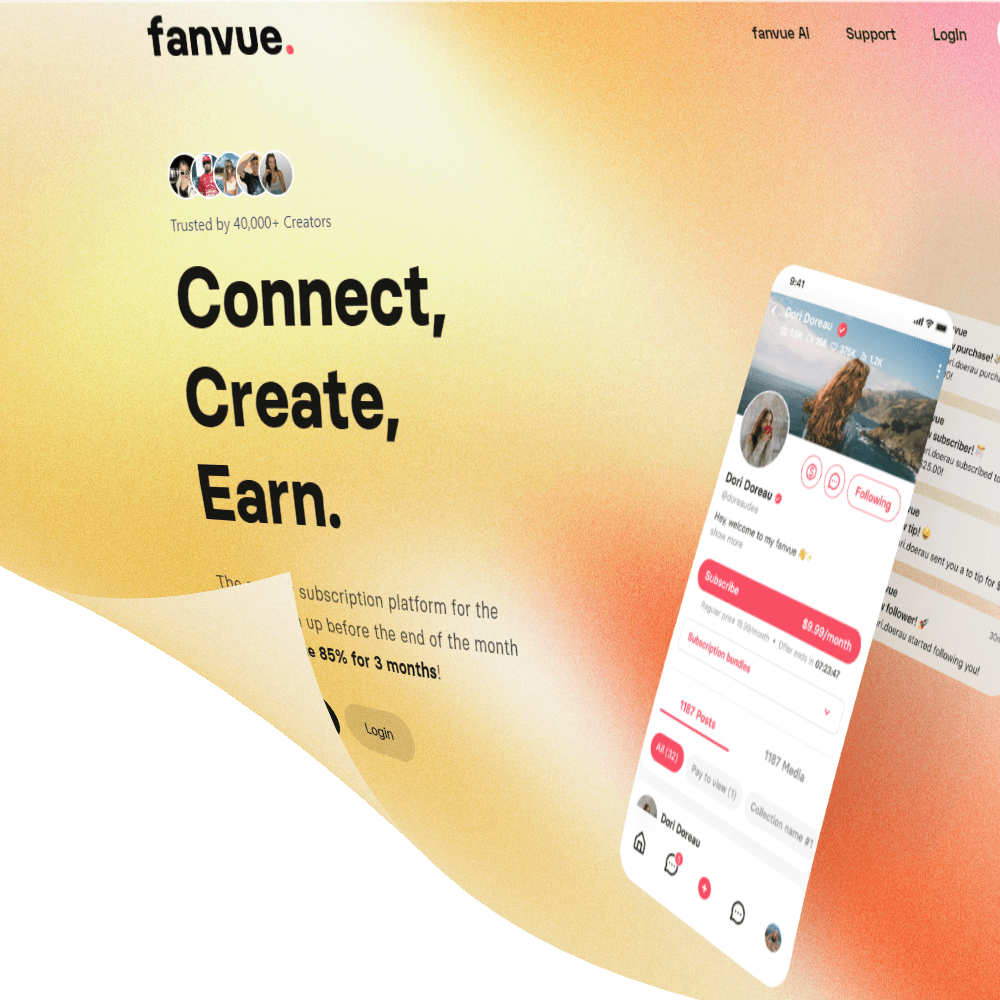 Die Webseite von Fanvue präsentiert sich als zukunftsorientierte Plattform für Kreativschaffende, die ihre Inhalte über ein Abonnement-Modell teilen möchten. Mit dem Versprechen, dass neue Mitglieder in den ersten drei Monaten 85% der Einnahmen behalten können, wirbt die Seite aktiv um neue Kreative. Fanvue hebt sich durch Features wie KI-gestützte Nachrichten, Sprachnotizen und Analysen hervor. Die Plattform betont ihre Benutzerfreundlichkeit und schnelle Einrichtung für Verifizierte Schöpfer, die in weniger als drei Minuten startklar sein können.