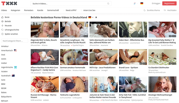 TXXX.COM Ansicht: Benutzerfreundliche Pornoseite mit umfangreichen Filtern.