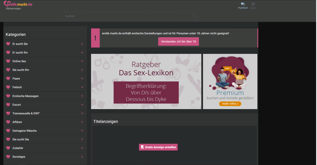 ErotikMarkt – Plattformansicht für diskrete Escort-Angebote und erotische Kleinanzeigen