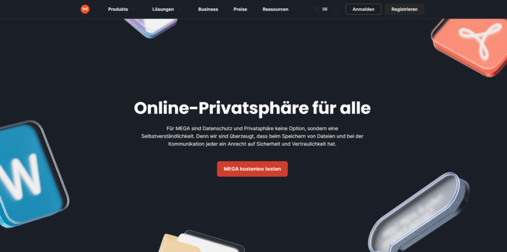 Startseite von MEGA.nz mit dem Slogan „Online-Privatsphäre für alle“ und der Aufforderung, den Dienst kostenlos zu testen. Verschiedene App-Icons schweben im Design.