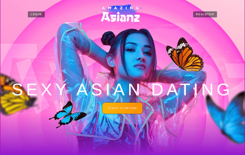 Auf dem Screenshot ist die bunte Startseite von AmazingAsianz zu sehen, mit asiatischen Models, auffälligen Schmetterlings-Elementen und Informationen zur 15-jährigen Branchenerfahrung. Darüber hinaus werden Testimonials und Sicherheitshinweise zum Schutz vor Fake-Profilen angezeigt.