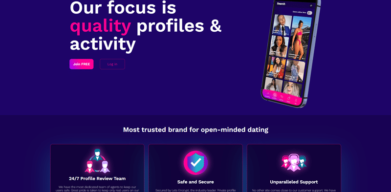 Lilafarbene Startseite von HighReply zu sehen, auf der ein Smartphone mit mehreren Profilbildern abgebildet ist. Darüber hinaus finden sich Hinweise auf Qualitätsprofile, 24/7 Profilprüfung und sichere Dating-Funktionen.