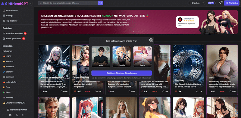 AI Homepage von gptgirlfriend