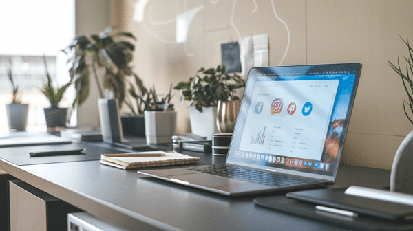 Laptop mit Social Media Analysen im modernen Buero 1