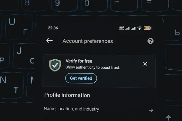 Smartphone mit Kontoeinstellungen und Hinweis „Verify for free“ vor einer Tastatur.